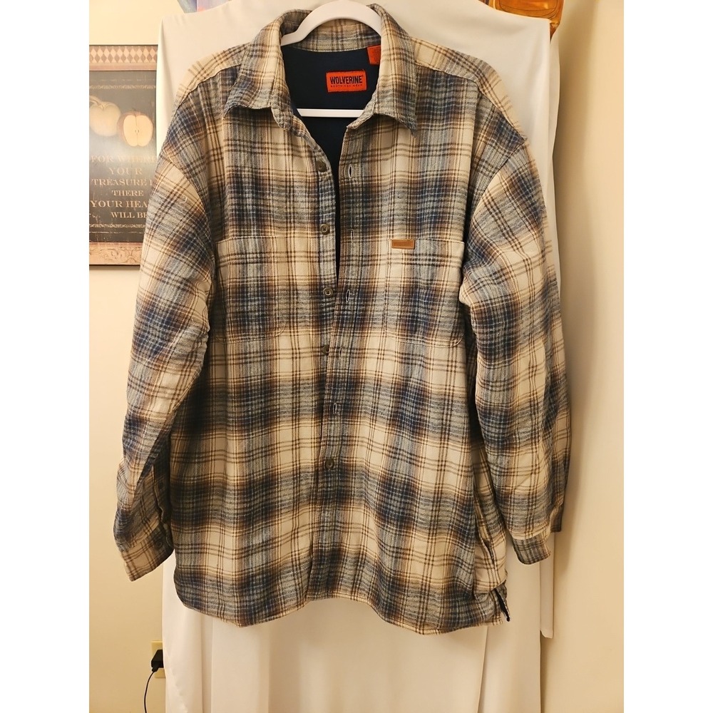Wolverine Mens Heavy Flannel Shirt Large Long Sleeve Blue Bwn Plaid Dbl‎ Pocket